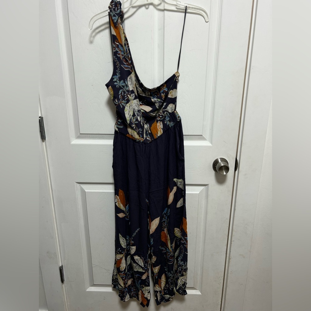 Free People One-Shoulder Floral Jumpsuit in Navy and Orange - Picture 10 of 15